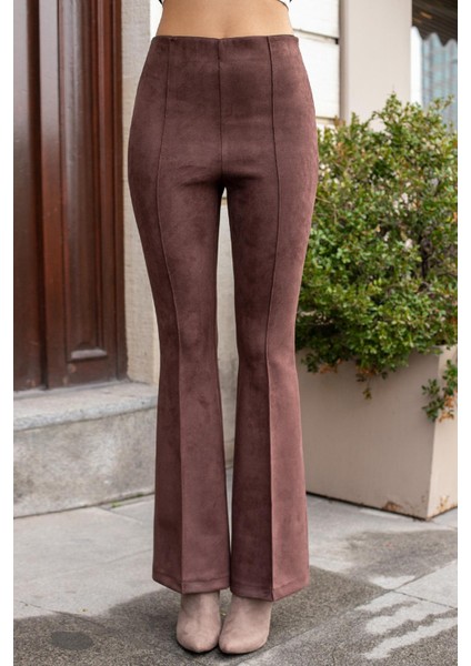 Süet Likralı Kumaş Yüksek Bel Ön Arka Dikişli Isanyol Paça Tayt Pantolon(Ceket Jument 30071)-KAHVE