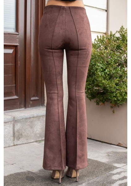 Süet Likralı Kumaş Yüksek Bel Ön Arka Dikişli Isanyol Paça Tayt Pantolon(Ceket Jument 30071)-KAHVE
