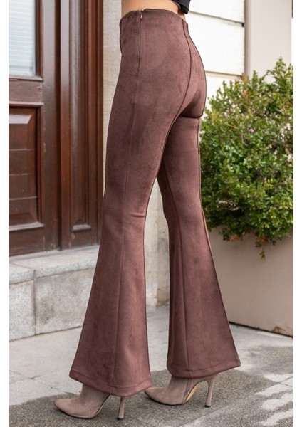Süet Likralı Kumaş Yüksek Bel Ön Arka Dikişli Isanyol Paça Tayt Pantolon(Ceket Jument 30071)-KAHVE