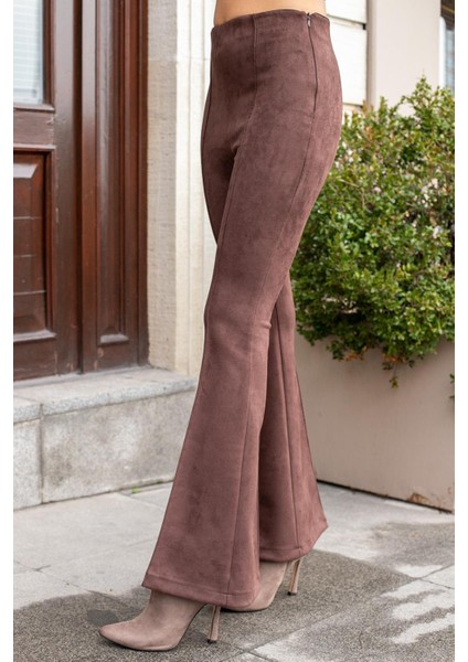 Süet Likralı Kumaş Yüksek Bel Ön Arka Dikişli Isanyol Paça Tayt Pantolon(Ceket Jument 30071)-KAHVE