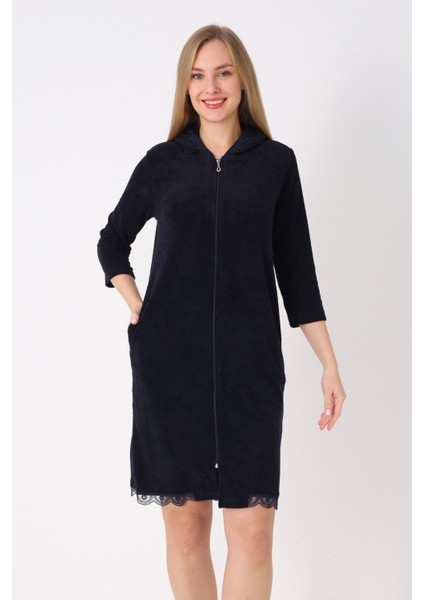 Kapüşonlu Fermuarlı Cepli Taşlı Truvakar Kollu Pamuklu Havlu Elbise