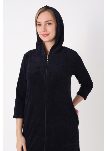 Kapüşonlu Fermuarlı Cepli Taşlı Truvakar Kollu Pamuklu Havlu Elbise fiyatları