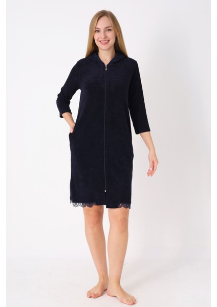 Kapüşonlu Fermuarlı Cepli Taşlı Truvakar Kollu Pamuklu Havlu Elbise modelleri