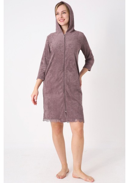 Kapüşonlu Fermuarlı Cepli Taşlı Truvakar Kollu Pamuklu Havlu Elbise