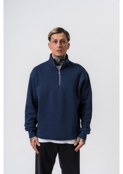 Erkek Respire Yazı Detaylı Yarım Fermuarlı Basic Sweatshirt Lacivert
