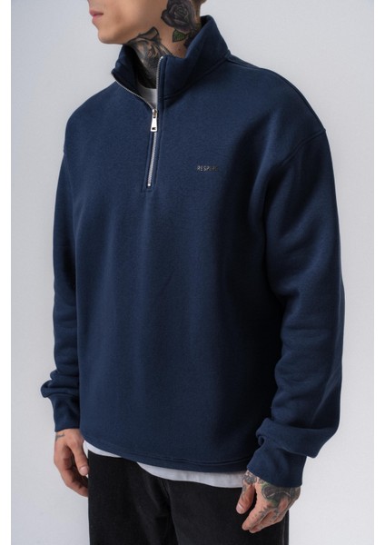 Erkek Respire Yazı Detaylı Yarım Fermuarlı Basic Sweatshirt Lacivert fırsatları