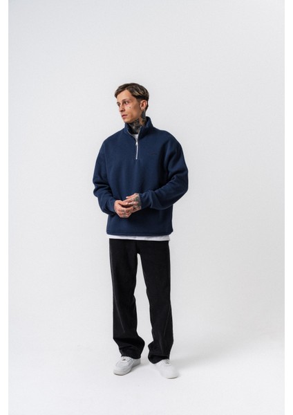 Erkek Respire Yazı Detaylı Yarım Fermuarlı Basic Sweatshirt Lacivert indirimleri