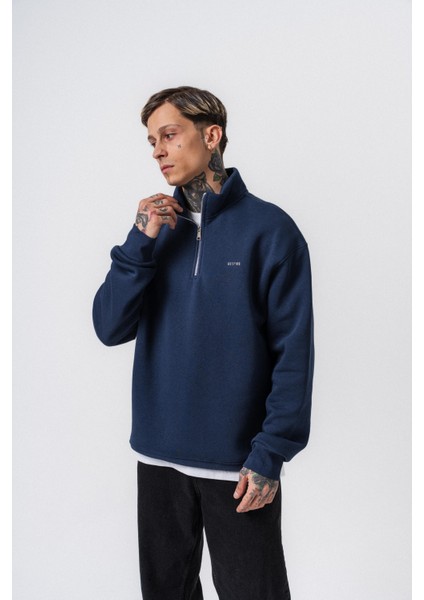 Erkek Respire Yazı Detaylı Yarım Fermuarlı Basic Sweatshirt Lacivert