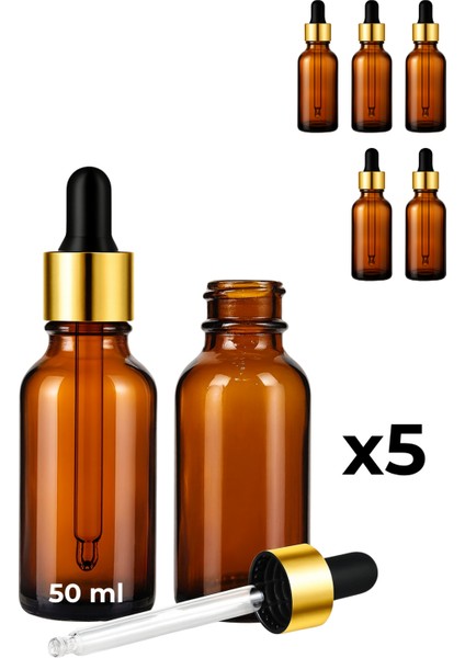 5’li 50 ml Amber Cam Serum Şişesi + Gold (Altın) Metal Kapaklı Siyah Uçlu Damlalık