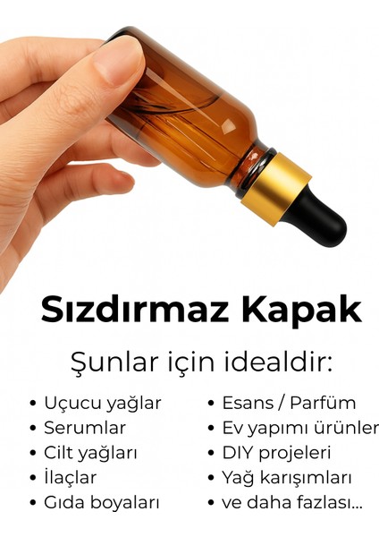 5’li 50 ml Amber Cam Serum Şişesi + Gold (Altın) Metal Kapaklı Siyah Uçlu Damlalık modelleri