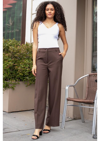 Yüksek Bel Yan Cepli Bol Paça Hafif Esnek Dokuma Kumaş Palazzo Pantolon-Kahve