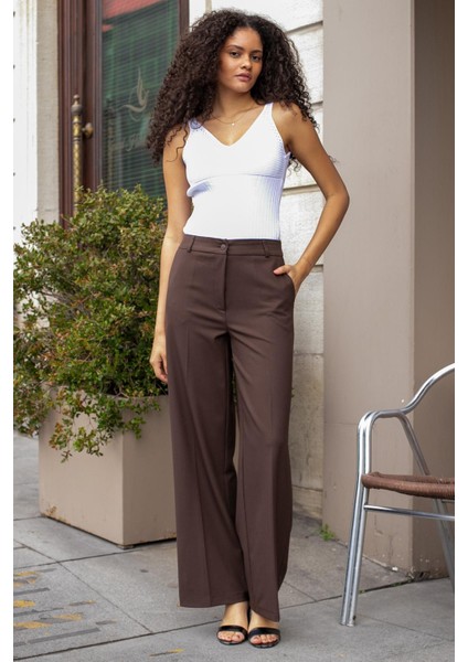 Yüksek Bel Yan Cepli Bol Paça Hafif Esnek Dokuma Kumaş Palazzo Pantolon-Kahve fiyatları