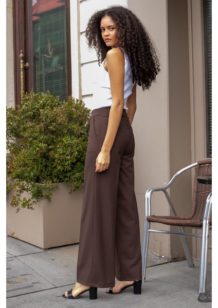 Yüksek Bel Yan Cepli Bol Paça Hafif Esnek Dokuma Kumaş Palazzo Pantolon-Kahve modelleri