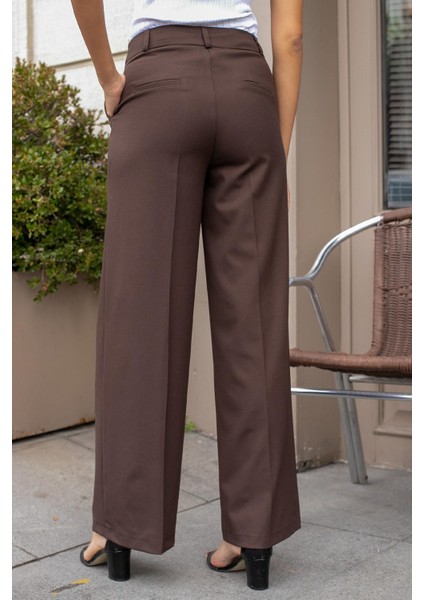 Yüksek Bel Yan Cepli Bol Paça Hafif Esnek Dokuma Kumaş Palazzo Pantolon-Kahve indirimleri