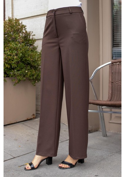 Yüksek Bel Yan Cepli Bol Paça Hafif Esnek Dokuma Kumaş Palazzo Pantolon-Kahve