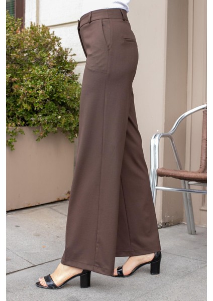 Yüksek Bel Yan Cepli Bol Paça Hafif Esnek Dokuma Kumaş Palazzo Pantolon-Kahve