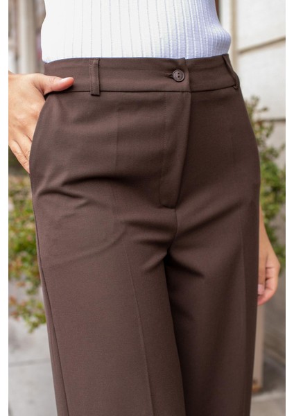 Yüksek Bel Yan Cepli Bol Paça Hafif Esnek Dokuma Kumaş Palazzo Pantolon-Kahve