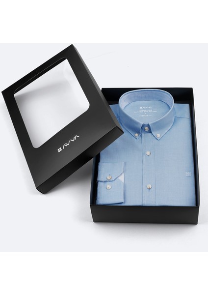 Erkek Mavi Düğmeli Yaka Hediye Kutulu %100 Pamuk Basic Regular Fit Gömlek B002034
