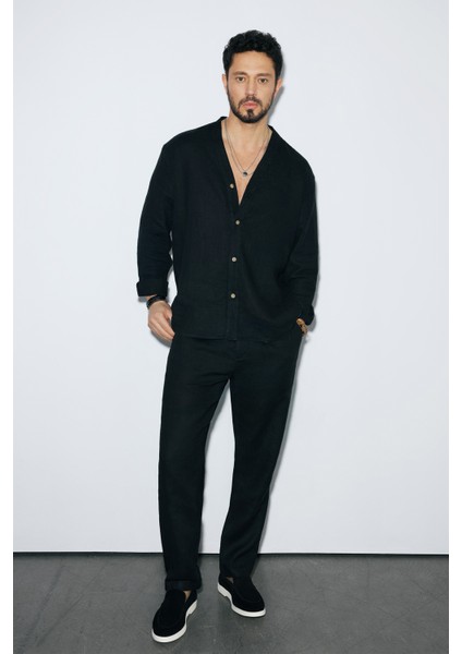 Erkek Siyah Beli Lastikli %100 Keten Relaxed Fit Pantolon B003032