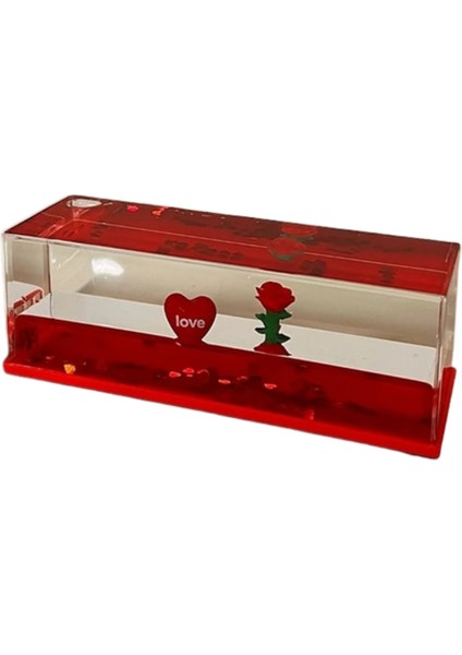 Love Temalı Hareketli Sıvı Dekoratif Blok – Kalp ve Gül Figürlü Hediyelik Masa Üstü Süs