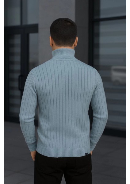 Erkek Balıkcı Yaka Bağazlı Triko Kazak Pamuklu Kalın Fitilli Dokuma, Regular Fit Uzun Kollu Kışlık Model - Bebe Mavisi fiyatları