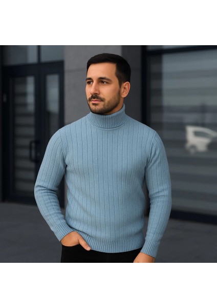 Erkek Balıkcı Yaka Bağazlı Triko Kazak Pamuklu Kalın Fitilli Dokuma, Regular Fit Uzun Kollu Kışlık Model - Bebe Mavisi modelleri