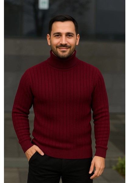Erkek Balıkcı Yaka Bağazlı Triko Kazak Pamuklu Kalın Fitilli Dokuma, Regular Fit Uzun Kollu Kışlık Model - Bordo modelleri