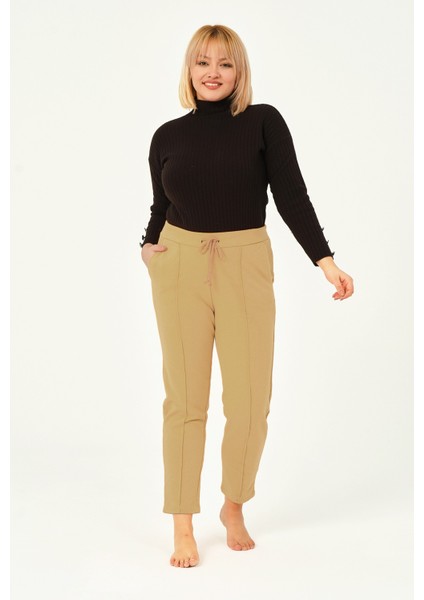 Hardal Rengi Üç Iplik Pileli Cepli Pamuklu Kadın Büyük Beden Eşofman Altı