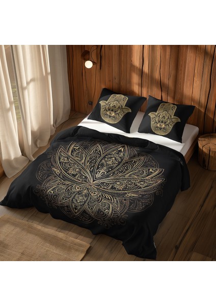 Gold Hamsa & Golden Lotus Çift Taraflı Nevresim Takımı 200 cm x 220 cm