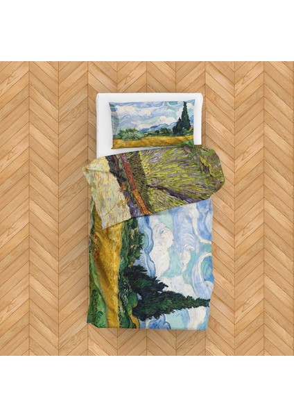 Selvi Ağaçlı Buğday Tarlası & Yükselen Güneşli Tarla Buğday Tarlası Nevresim Takımı 160 cm x 220 cm