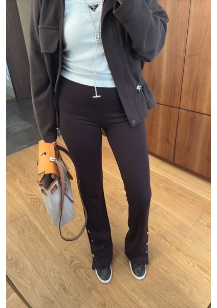 Paçadan Düğmeli Tayt- Kahverengi