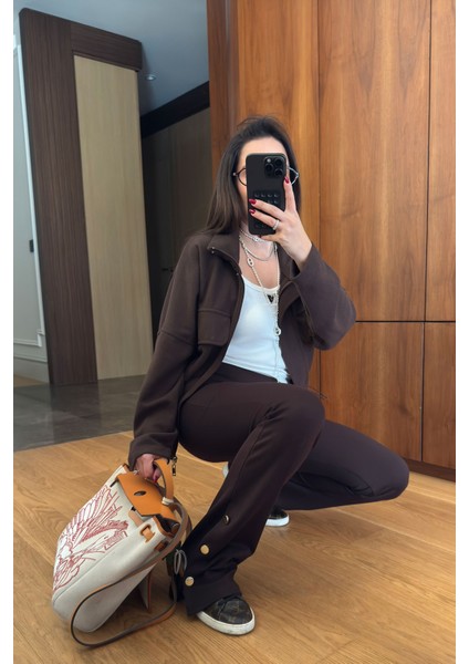 Paçadan Düğmeli Tayt- Kahverengi fiyatları