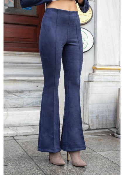 Süet Likralı Kumaş Yüksek Bel Ön Arka Dikişli Isanyol Paça Tayt Pantolon(Ceket Jument 30071)-LACIVERT fırsatları