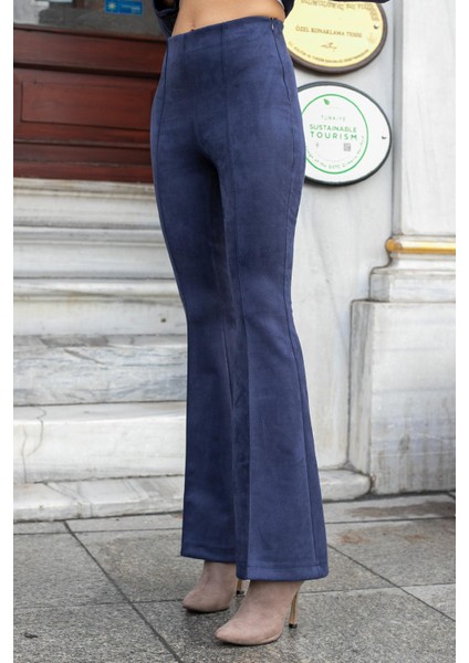 Süet Likralı Kumaş Yüksek Bel Ön Arka Dikişli Isanyol Paça Tayt Pantolon(Ceket Jument 30071)-LACIVERT