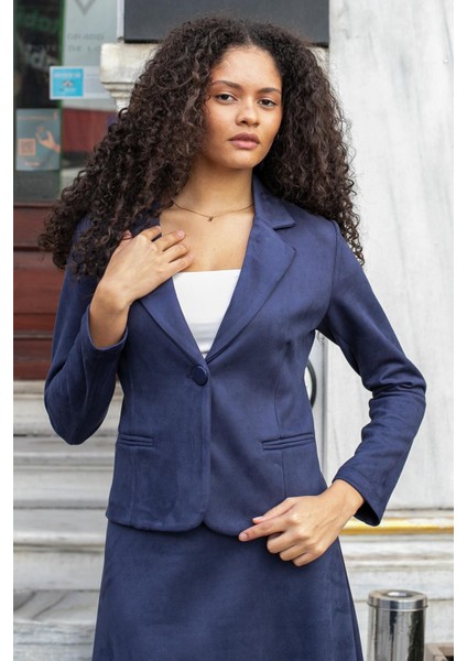 Hafif Likralı Süet Kumaş Flato Cepli Uzun Kol Kısa Blazer Ceket-Lacivert fiyatları