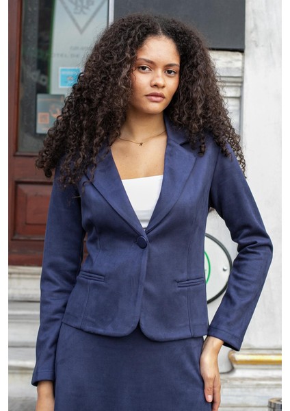 Hafif Likralı Süet Kumaş Flato Cepli Uzun Kol Kısa Blazer Ceket-Lacivert modelleri