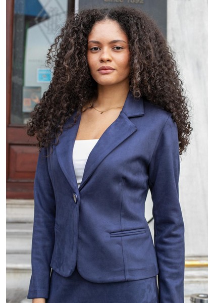 Hafif Likralı Süet Kumaş Flato Cepli Uzun Kol Kısa Blazer Ceket-Lacivert fırsatları