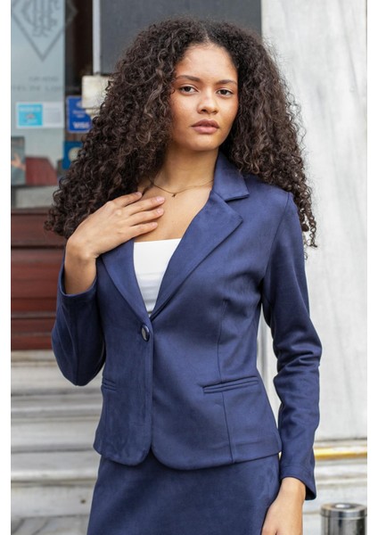 Hafif Likralı Süet Kumaş Flato Cepli Uzun Kol Kısa Blazer Ceket-Lacivert indirimleri