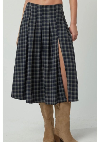 Kadın Ekose Desenli Yüksek Bel Midi Etek Mavi