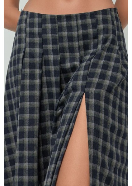 Kadın Ekose Desenli Yüksek Bel Midi Etek Mavi indirimleri
