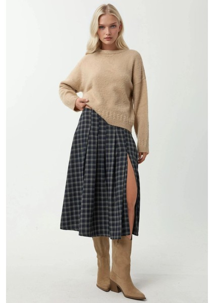 Kadın Ekose Desenli Yüksek Bel Midi Etek Mavi