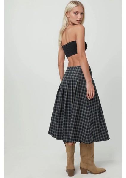 Kadın Ekose Desenli Yüksek Bel Midi Etek Mavi
