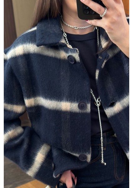 Ekose Desen Tüylü Bomber Mont- Lacivert modelleri