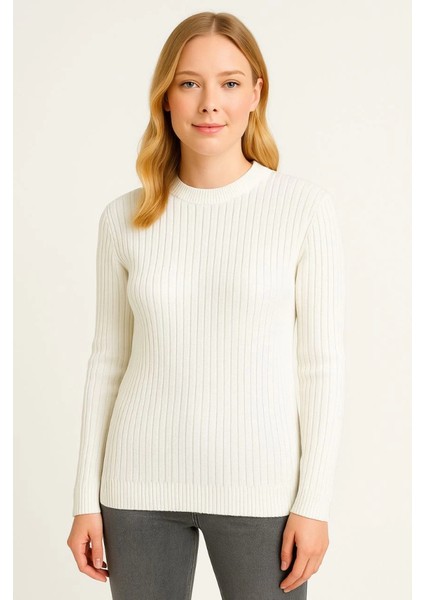 Bisiklet Yuvarlak Yaka Triko Kazak Pamuklu Kalın Fitilli Dokuma, Regular Fit Uzun Kollu Kışlık Model - Beyaz fiyatları