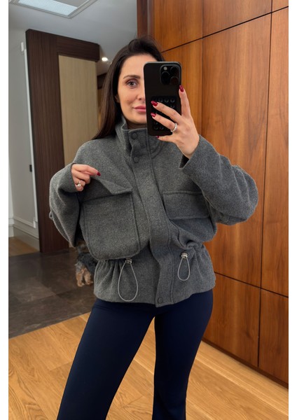 Cepli Belden Bağlamalı Fitilli Ceket- Gri