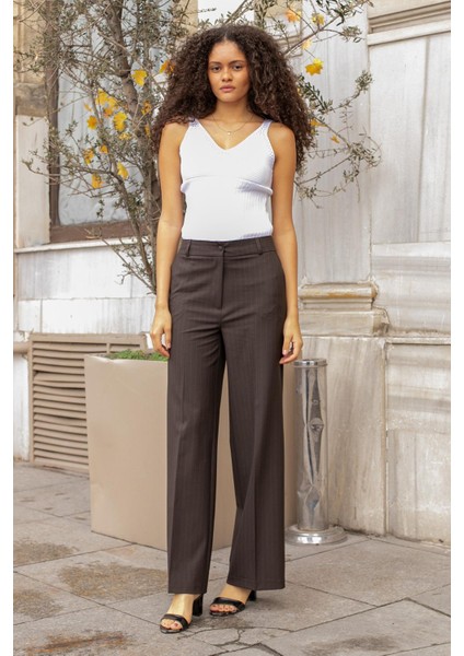 Yüksek Bel Yan Cepli Bol Paça Hafif Esnek Dokuma Kumaş Palazzo Pantolon-Kahverengi Çizgi