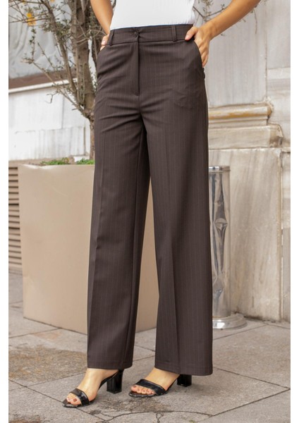 Yüksek Bel Yan Cepli Bol Paça Hafif Esnek Dokuma Kumaş Palazzo Pantolon-Kahverengi Çizgi fiyatları
