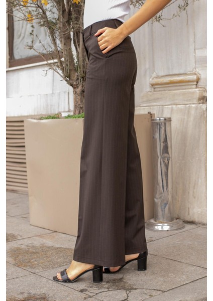 Yüksek Bel Yan Cepli Bol Paça Hafif Esnek Dokuma Kumaş Palazzo Pantolon-Kahverengi Çizgi fırsatları