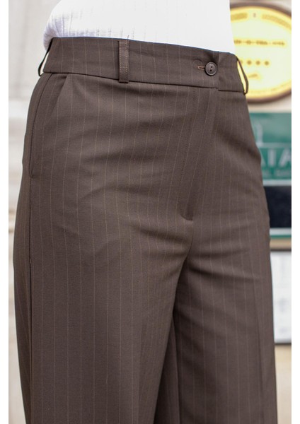 Yüksek Bel Yan Cepli Bol Paça Hafif Esnek Dokuma Kumaş Palazzo Pantolon-Kahverengi Çizgi