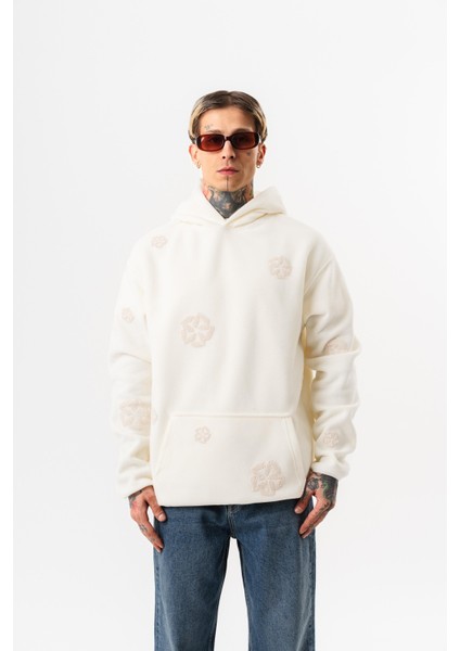 Erkek Süzene Nakış Detaylı Kapüşonlu Oversize Polar Hoodie Ekru